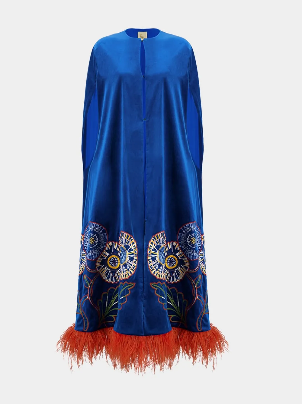 Aspen Embroidered Velvet Cape with Feathers