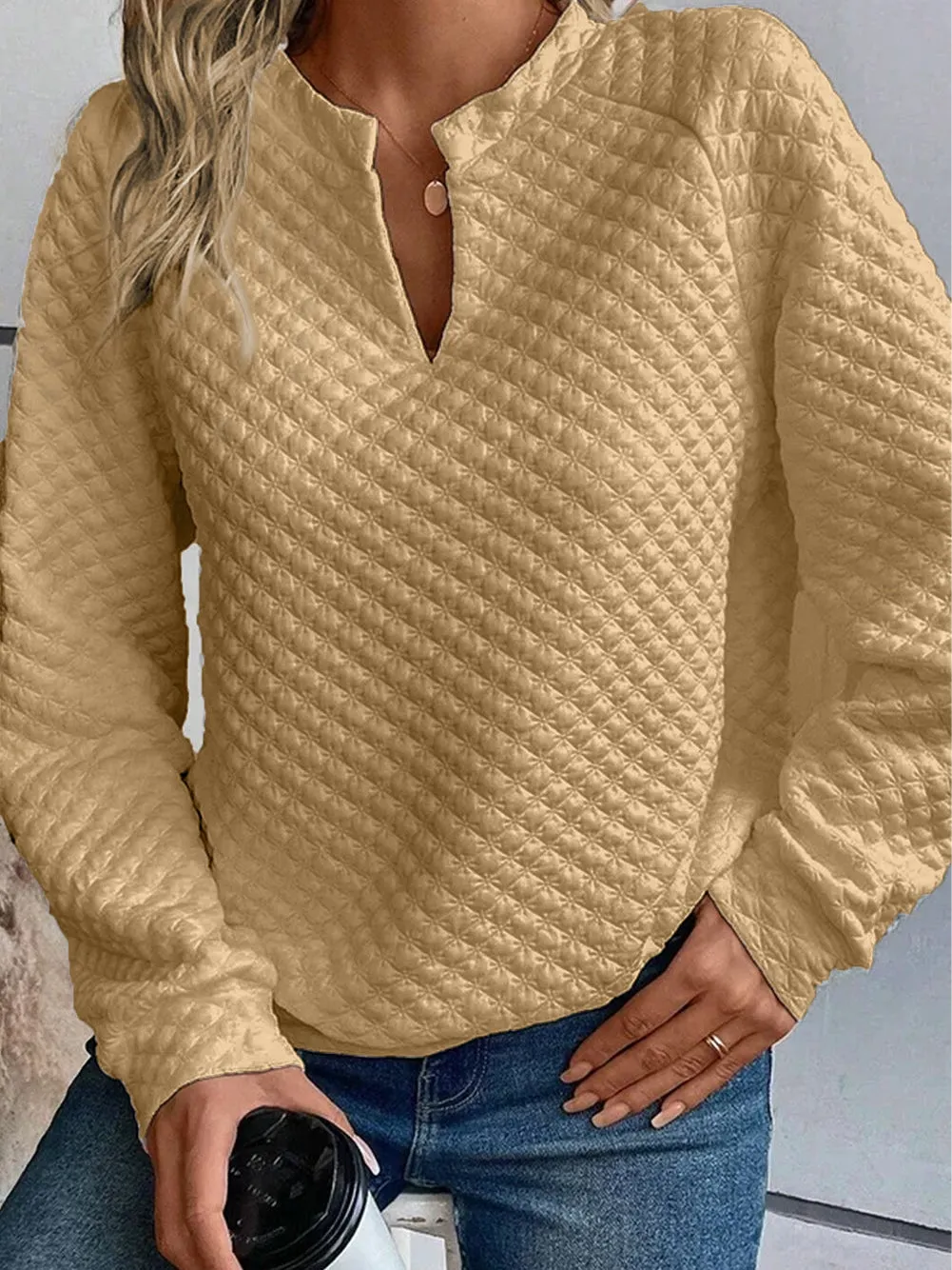 Casual Quilted V-Neck T-Shirt