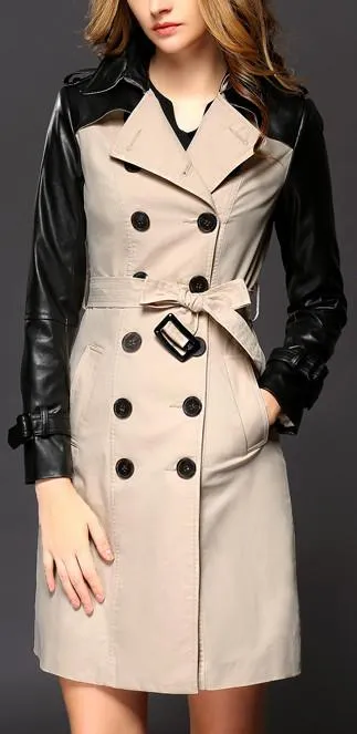 Double-Breasted Faux-Leather-Sleeve Trench Coat