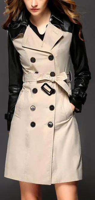 Double-Breasted Faux-Leather-Sleeve Trench Coat