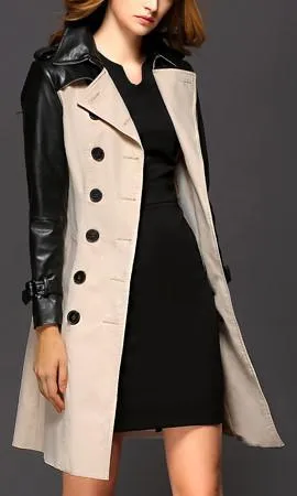 Double-Breasted Faux-Leather-Sleeve Trench Coat