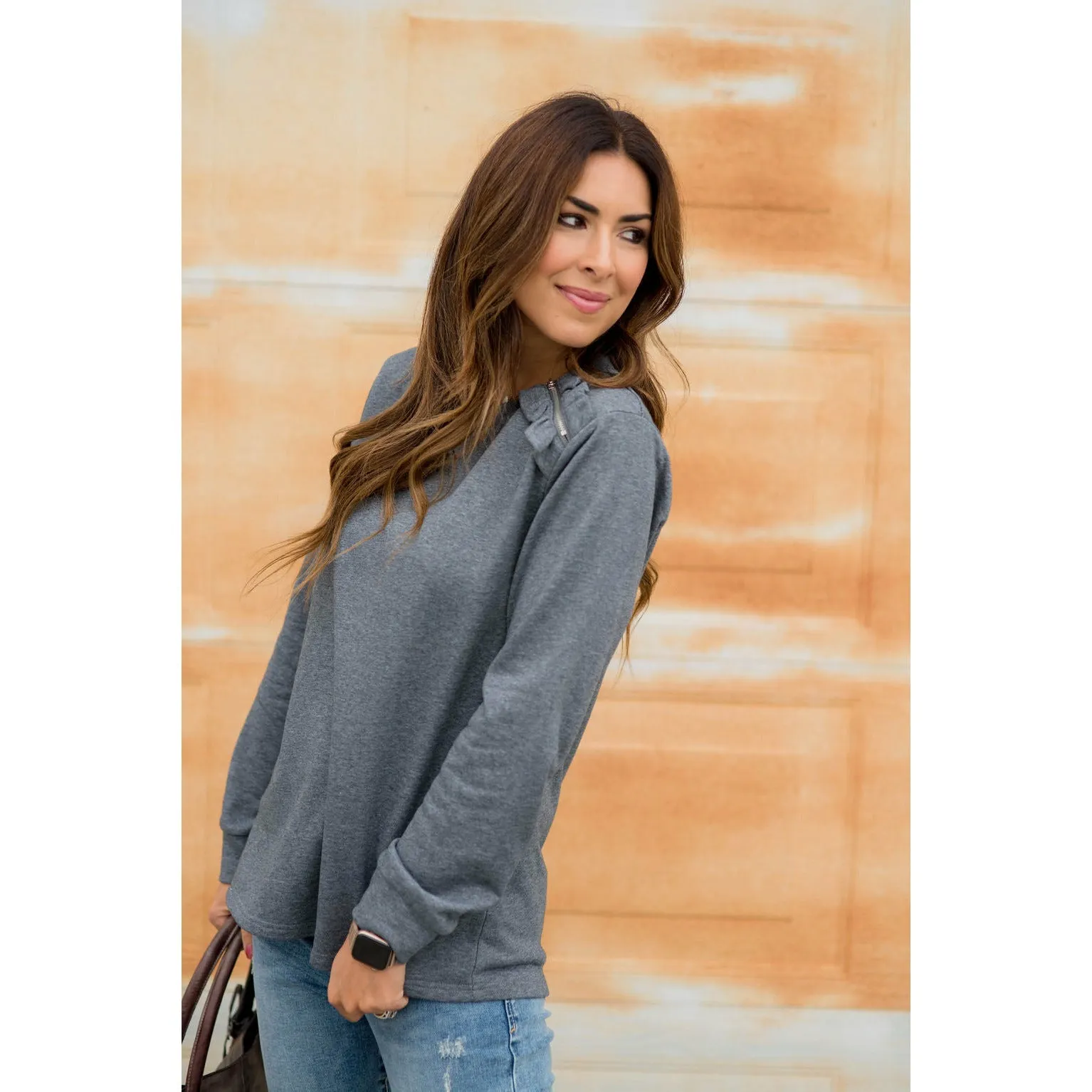 Frills Shoulder Zipper Accent Sweatshirt