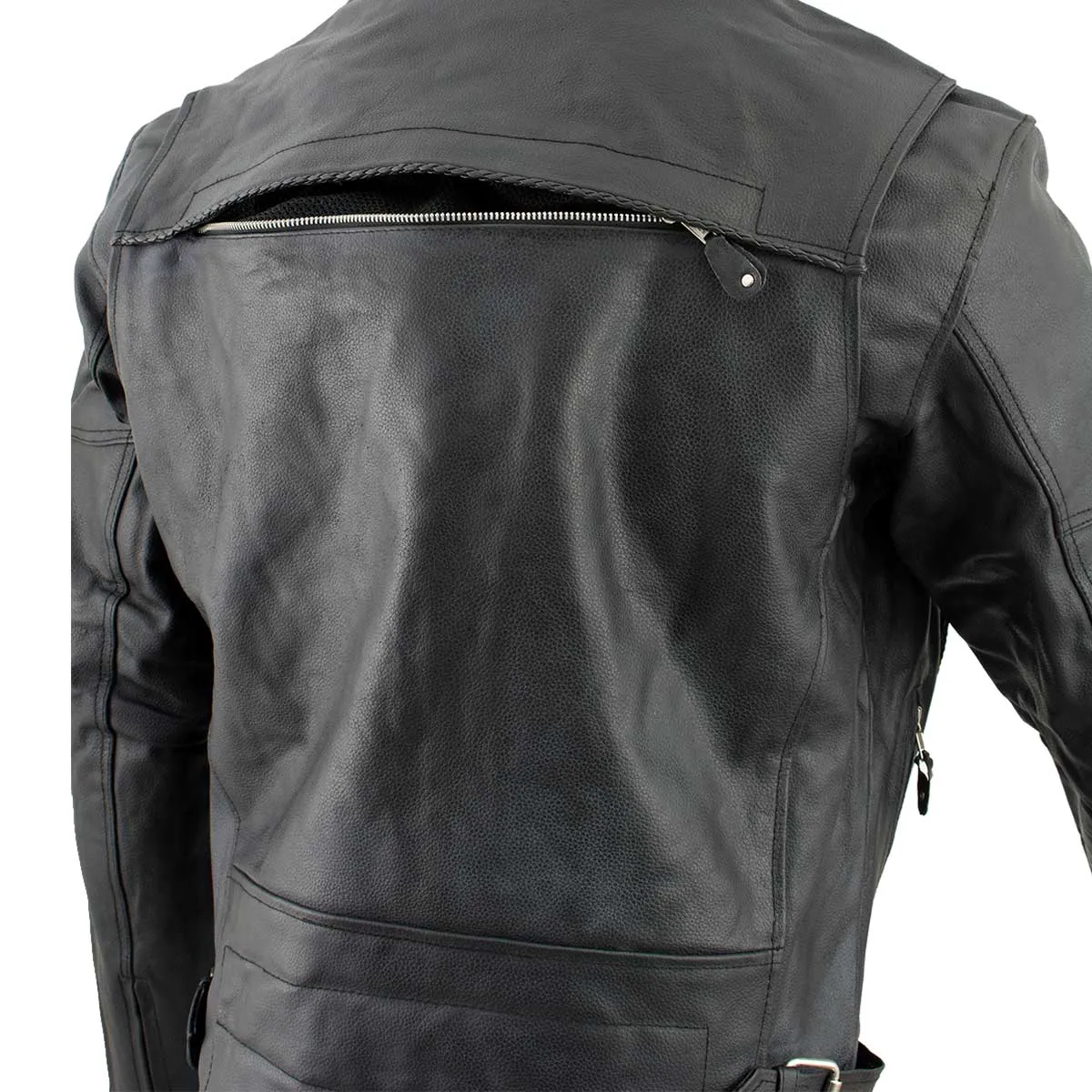 Genuine Leather EL1055 Men's Black Classic Vented ‘Braided’ Moto Jacket with Utility Pocket