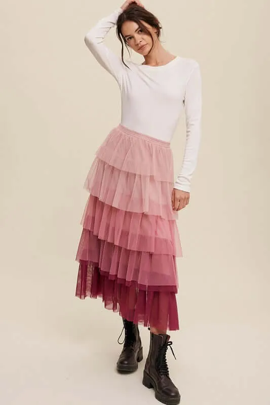 Gradient Style Tiered Mesh Maxi Skirt