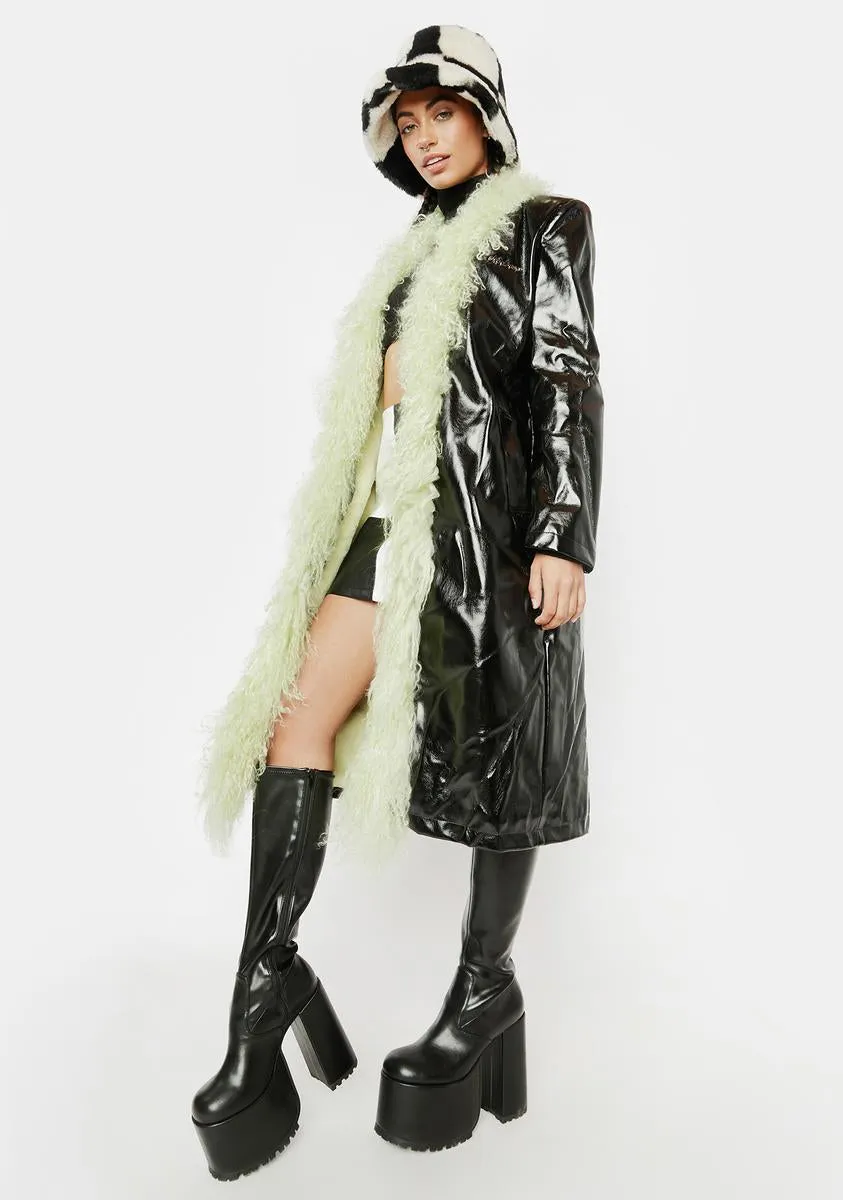 Green Mongolian Fur Trim Leather Long Coat