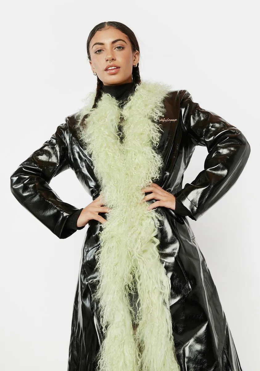 Green Mongolian Fur Trim Leather Long Coat