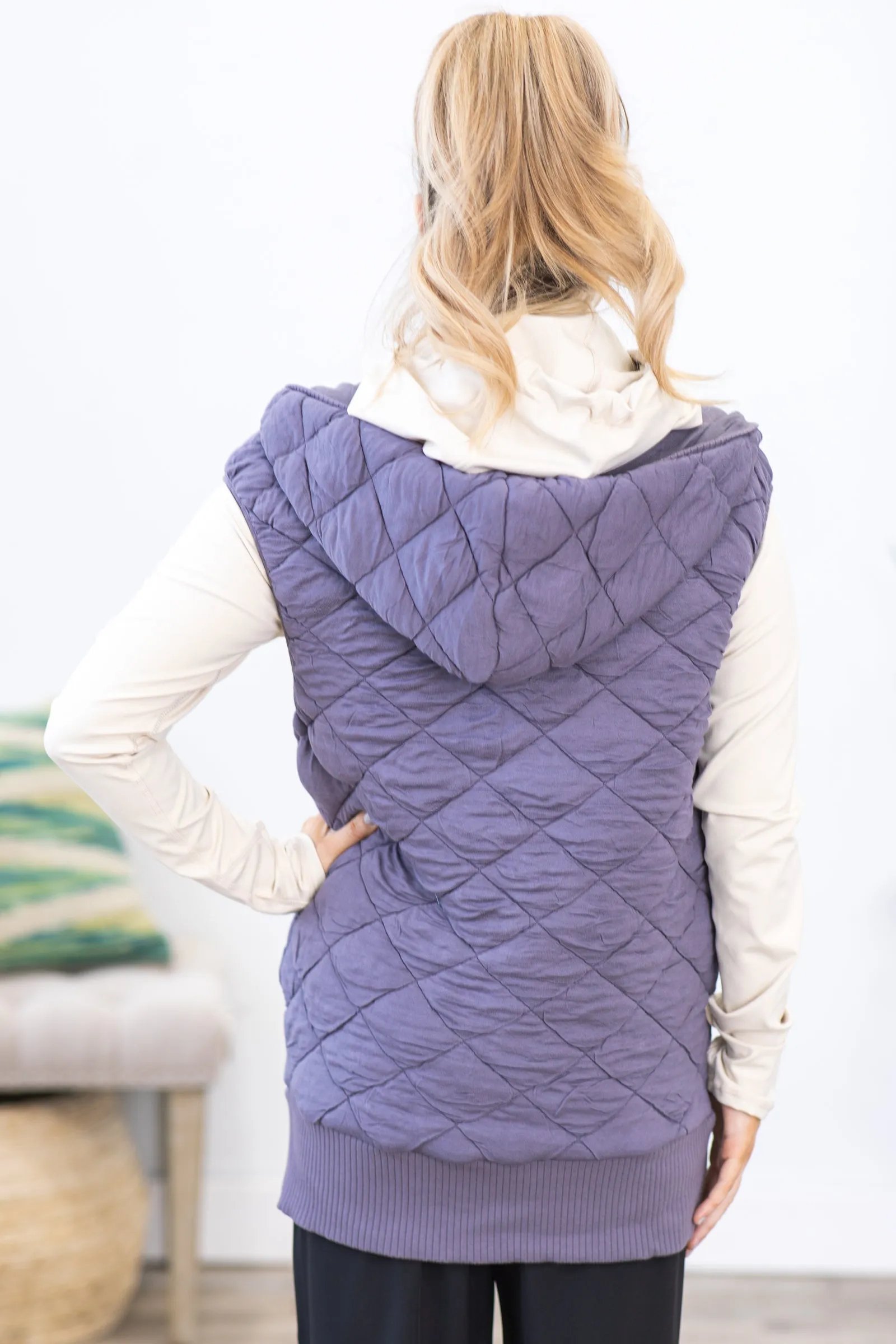 Grey Long Quilted Super Soft Vest With Hood