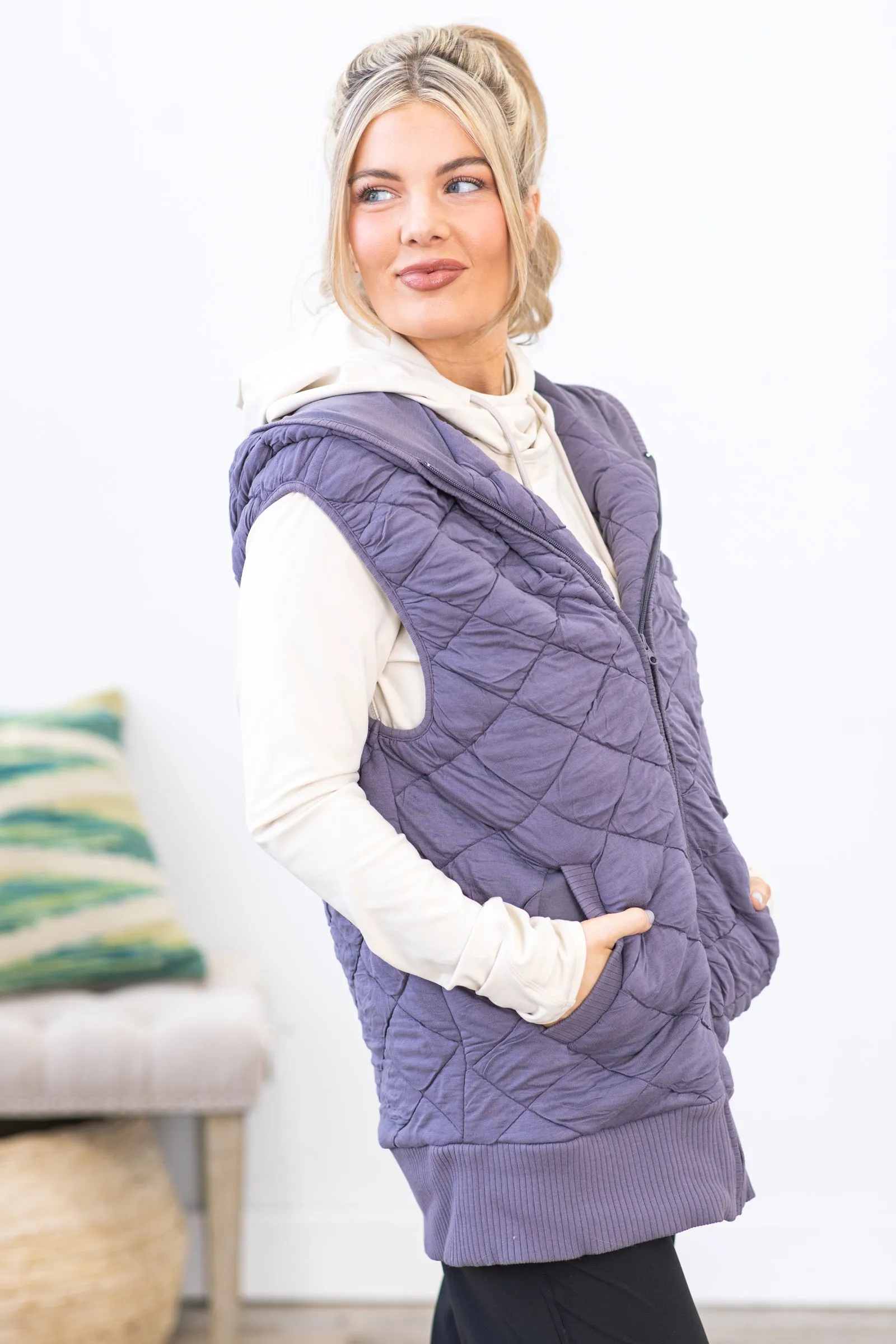 Grey Long Quilted Super Soft Vest With Hood