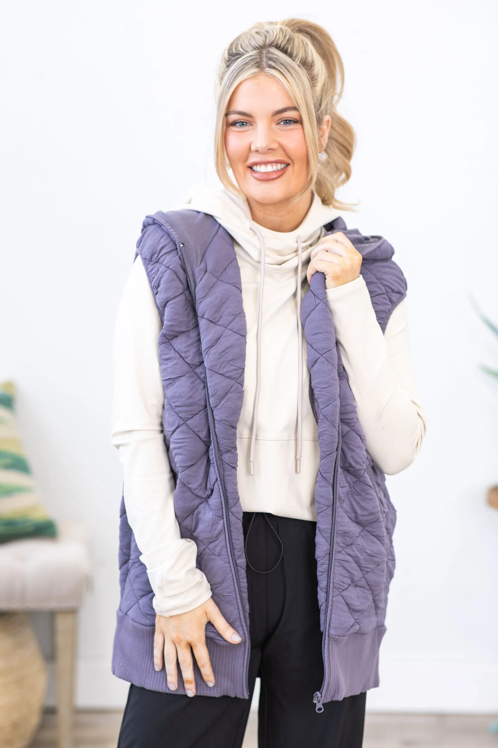 Grey Long Quilted Super Soft Vest With Hood