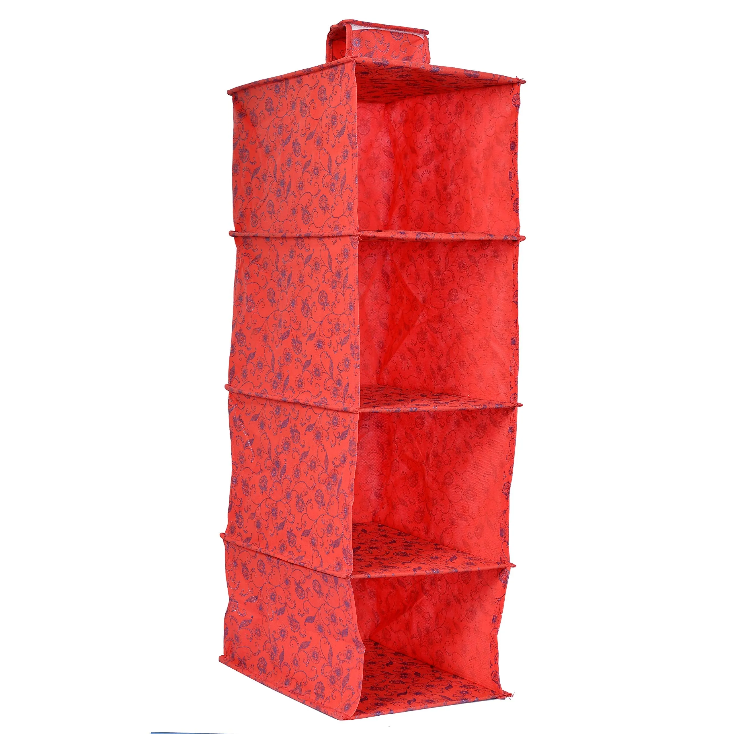 Heart Home Metalic Floral Print Non Woven Hanging 4 Shelves Foldable Wardrobe/Closet Cloth Organizer (Set of 2, Red)- HEART4196