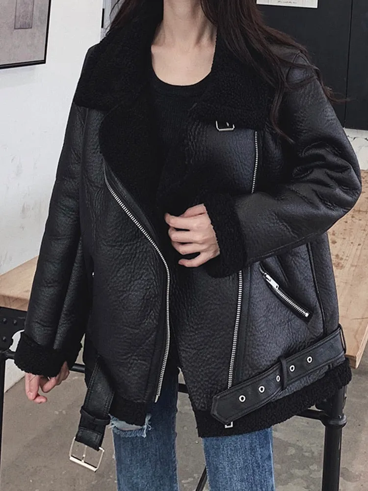 Lamb Fur Faux Leather Jacket Coat Winter Warm Outerwear with Belt