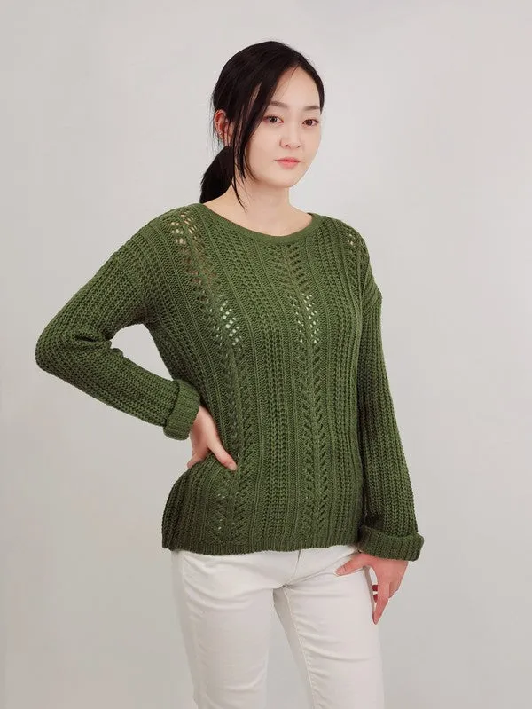 Leaf Crochet Detailed Rolled Up Sleeve Sweater