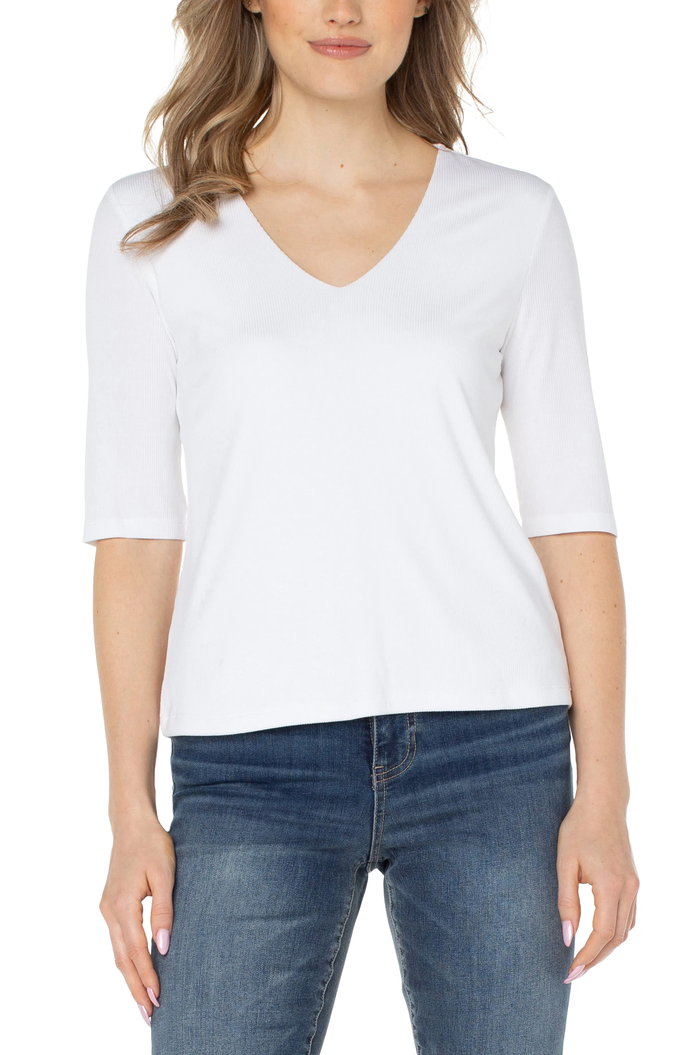 Liverpool Double Layer V-Neck 1/2 Sleeve Rib Knit Top (Cream)