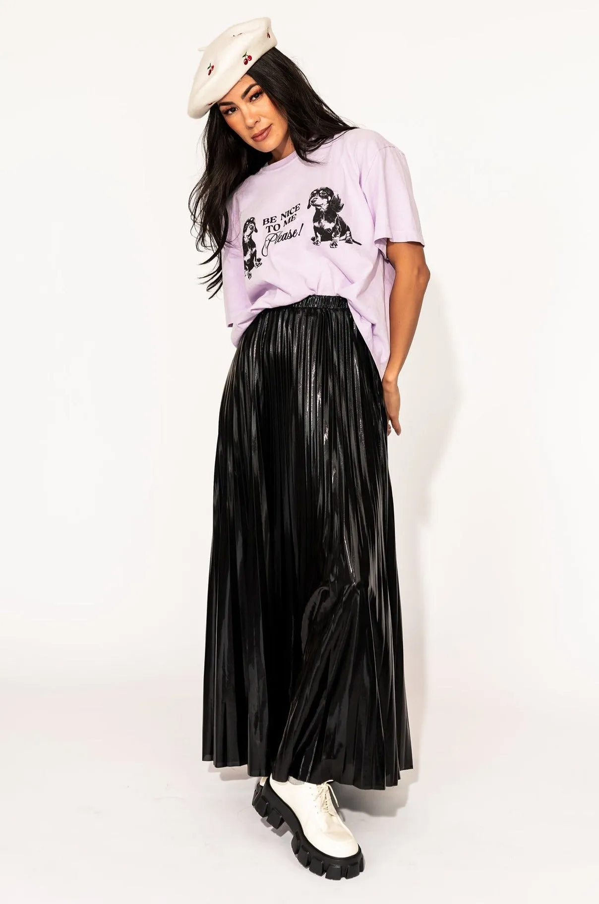 Metallic Pleated Midi Skirt in Midnight Black