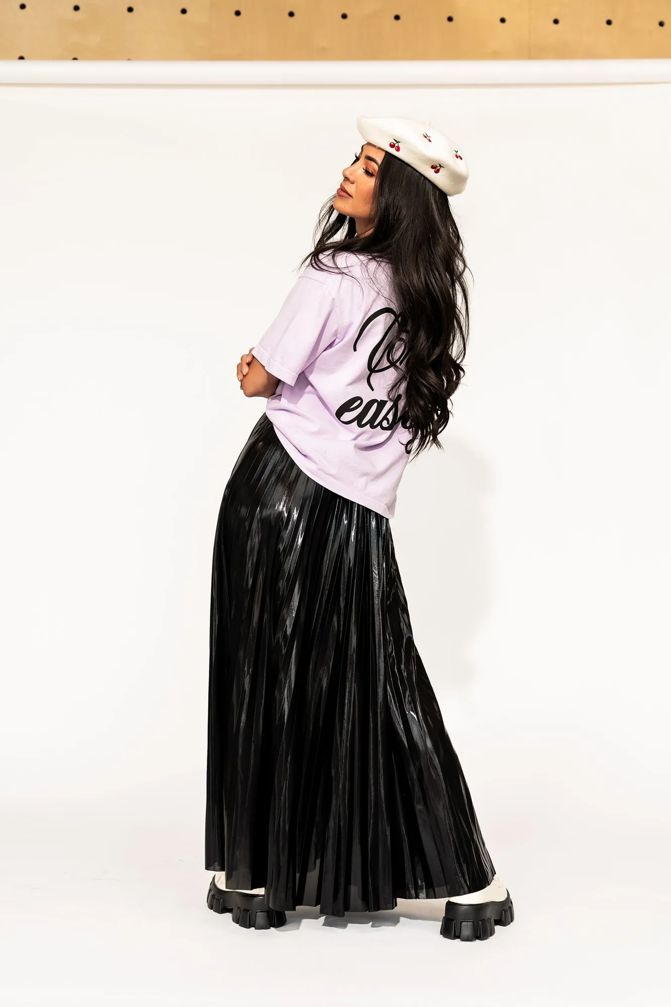 Metallic Pleated Midi Skirt in Midnight Black