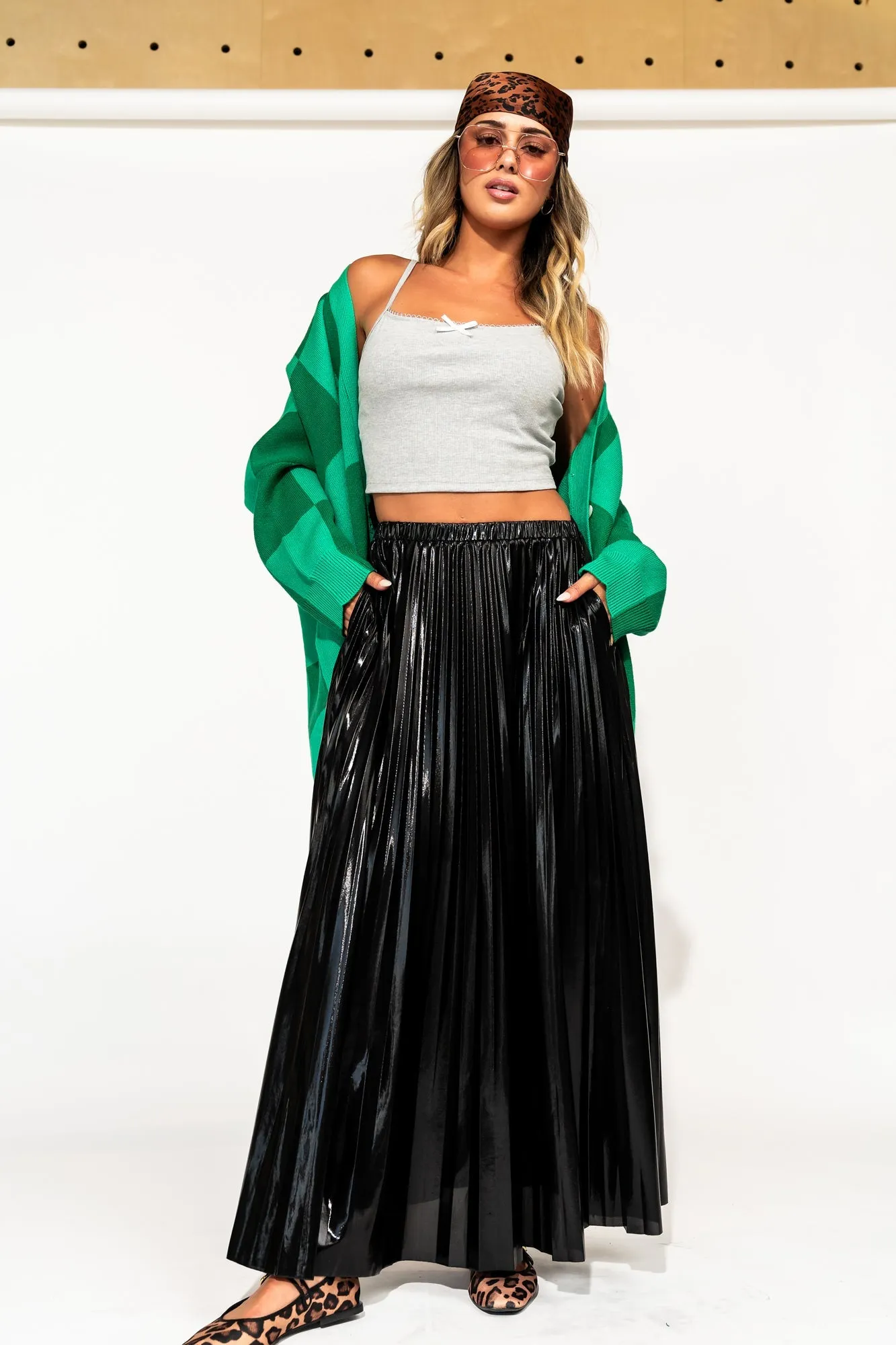 Metallic Pleated Midi Skirt in Midnight Black