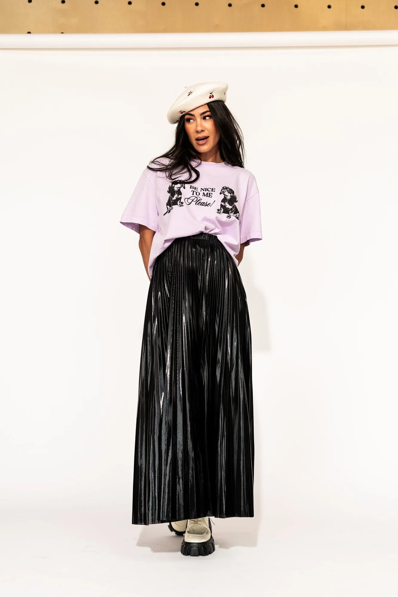 Metallic Pleated Midi Skirt in Midnight Black