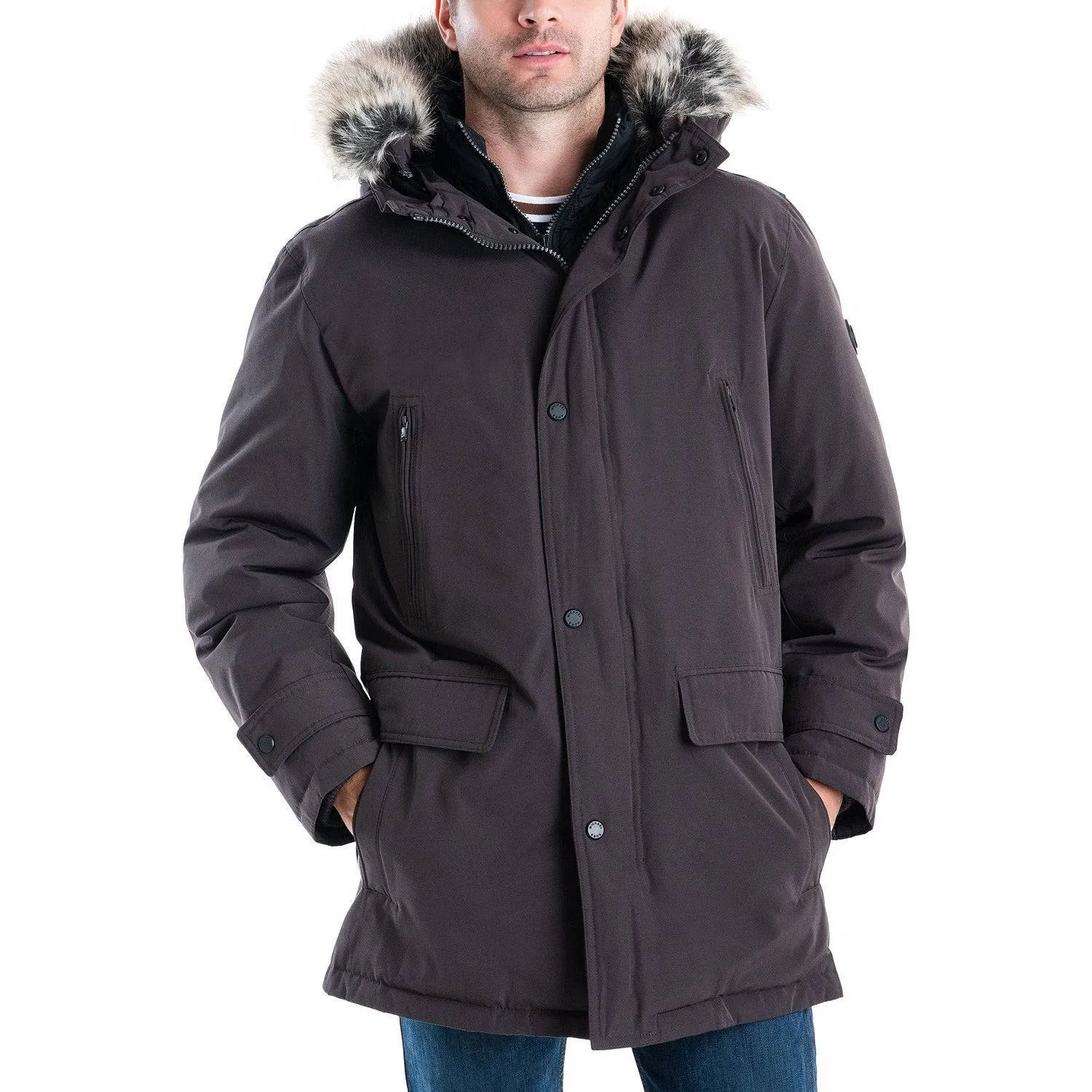 Michael Kors Men's Heavyweight Hooded Snorkel Parka with Stand Collar with Attached Faux-fur Trim Hood