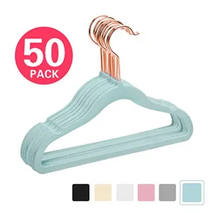 MIZGI Premium Kids Velvet Hangers (Pack of 50) with Copper/Rose Gold Hooks,Space Saving Ultra Thin,Non Slip Hangers use for Children's Skirt Dress Pants,Clothes Hangers by (Blue)