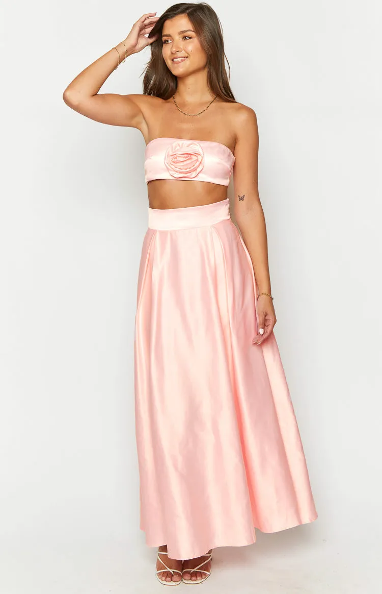 Nakiyah Pink Satin High Waisted Maxi Skirt