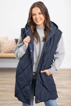 Navy Diamond Quilted Hooded Vest