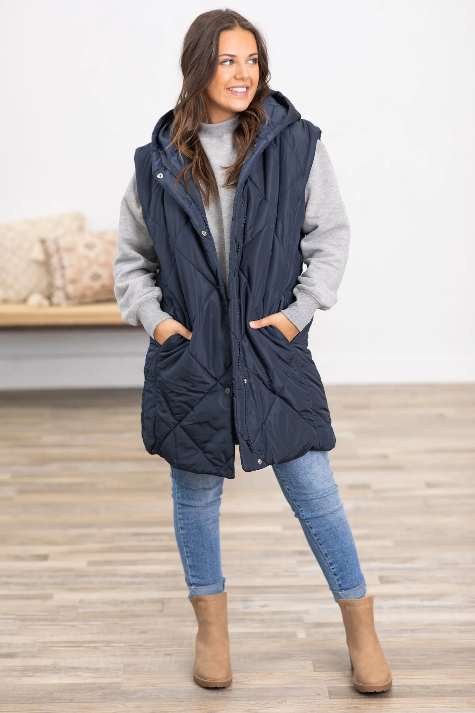 Navy Diamond Quilted Hooded Vest