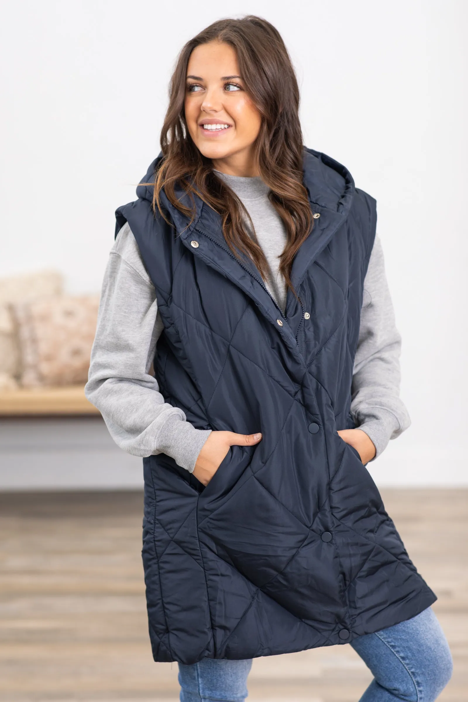 Navy Diamond Quilted Hooded Vest