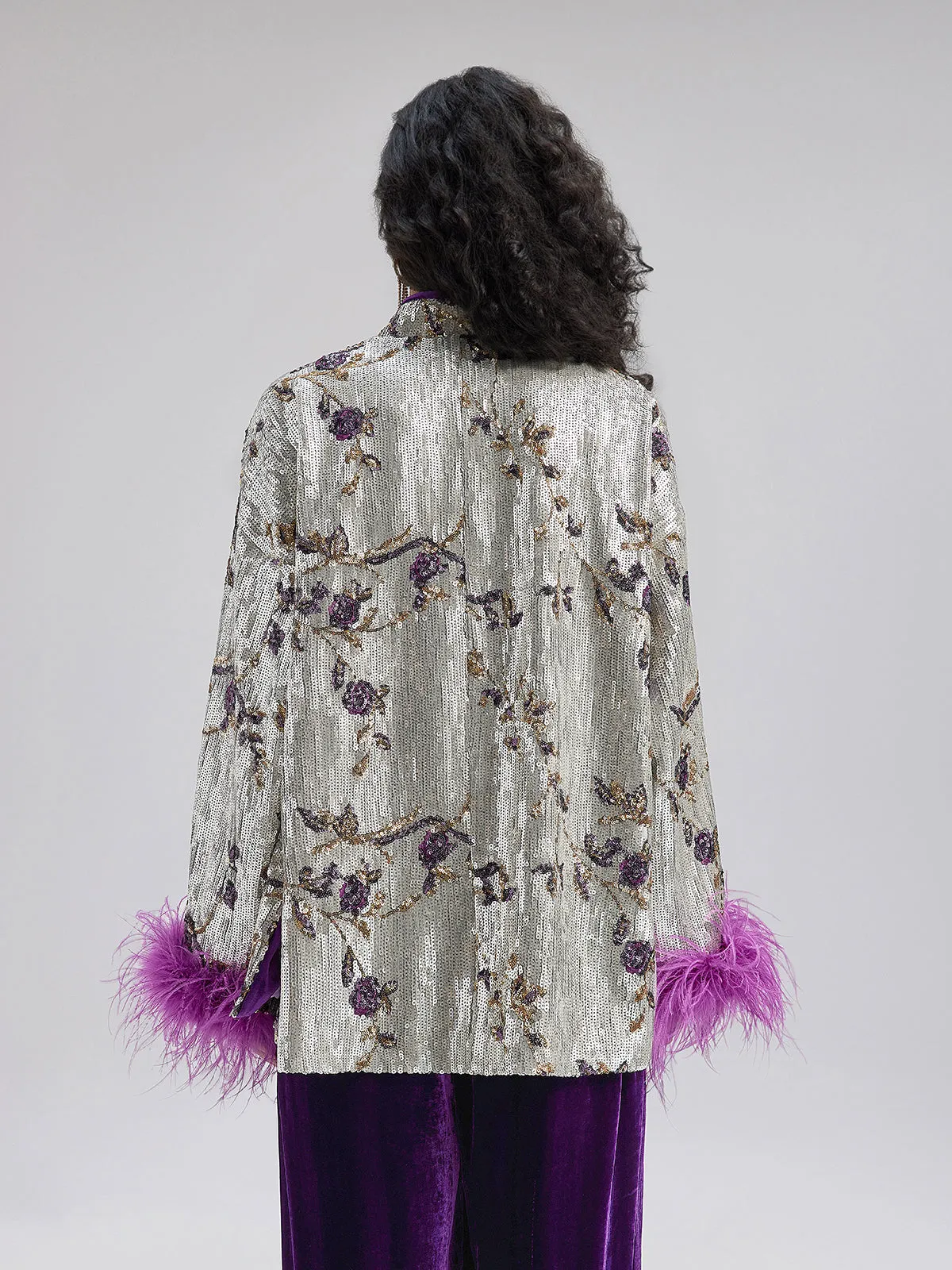 Oriental-Inspired Sequin Removable Feather Jacket