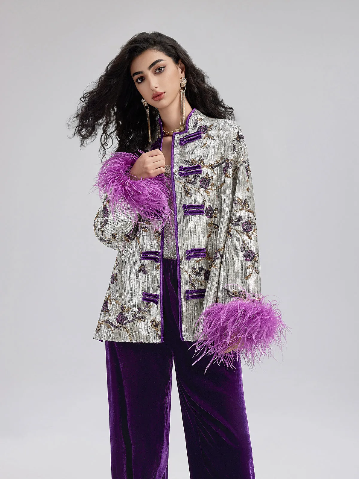 Oriental-Inspired Sequin Removable Feather Jacket