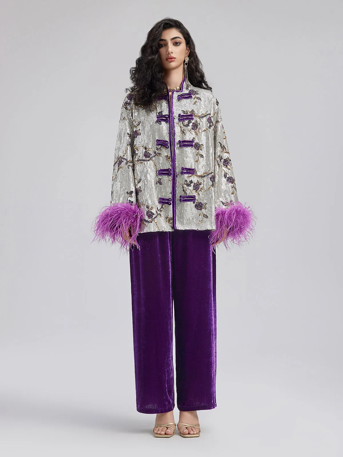 Oriental-Inspired Sequin Removable Feather Jacket