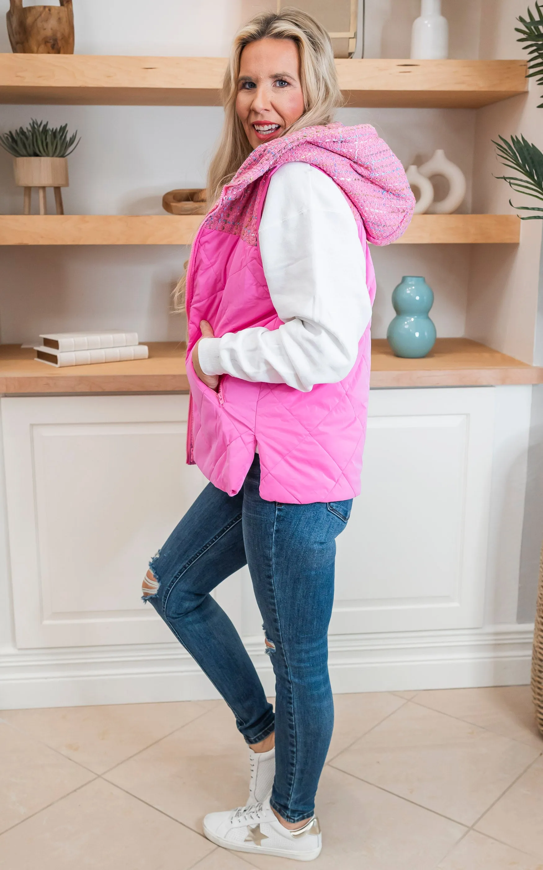 Pink Quilted Tweed Hooded Vest - Final Sale