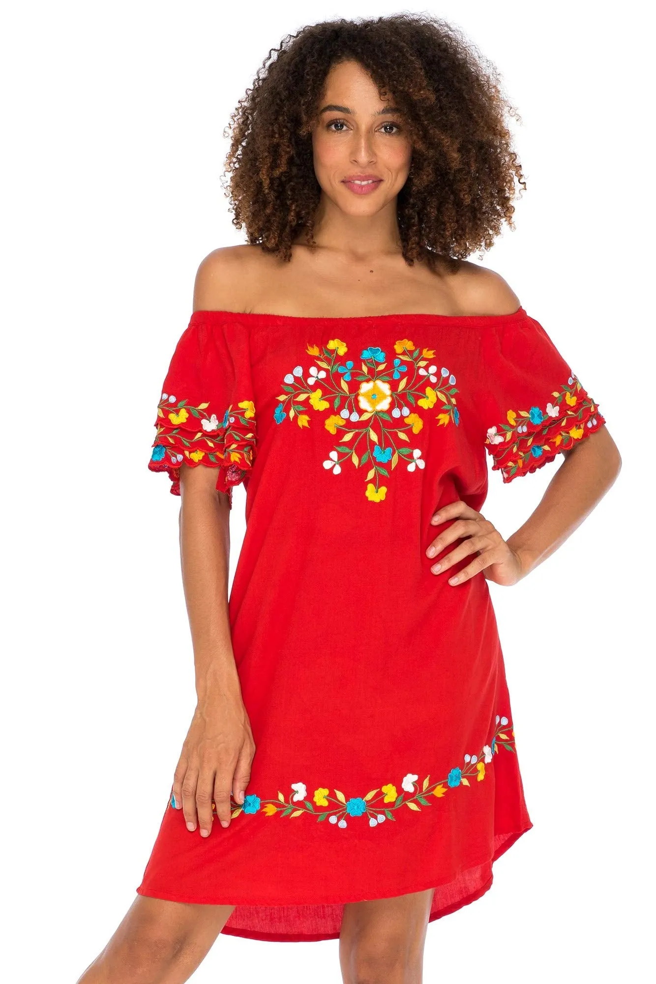 Short Off Shoulder Embroidered Floral Peasant Dress