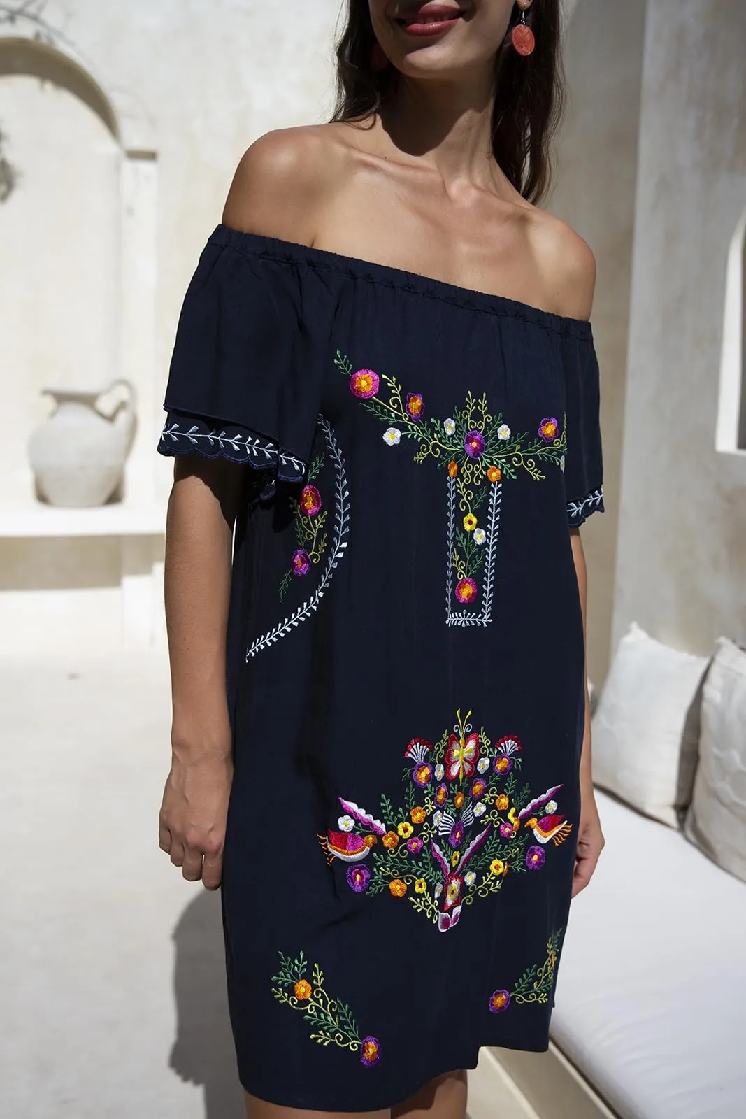 Short Off Shoulder Embroidered Floral Peasant Dress