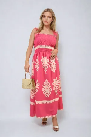 Smocked Sleeveless Flowy Tribal Print Summer Maxi Dress