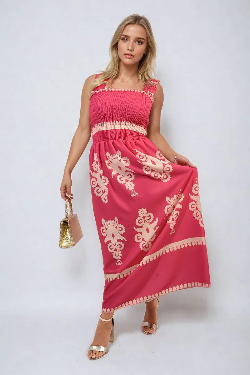 Smocked Sleeveless Flowy Tribal Print Summer Maxi Dress