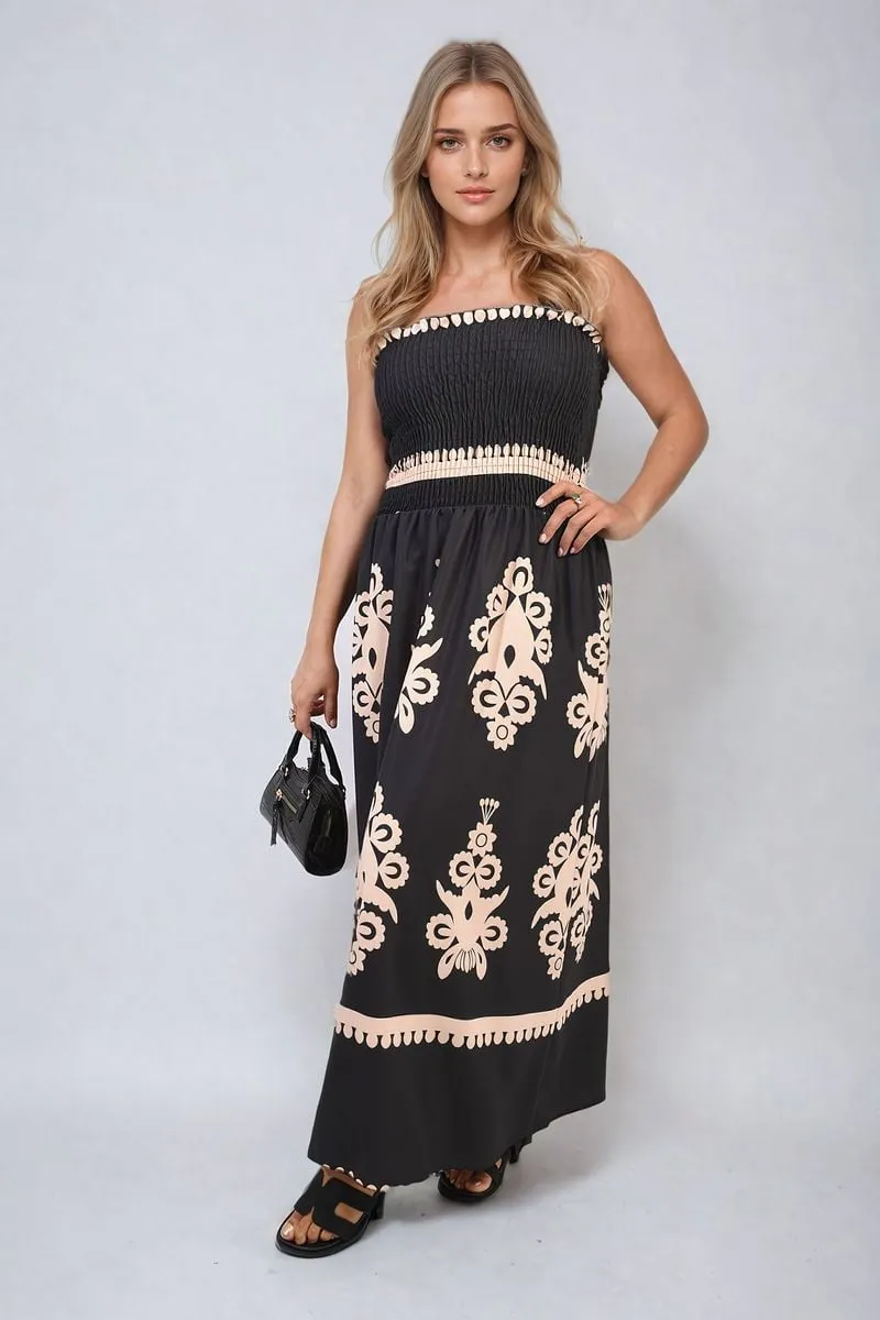 Smocked Sleeveless Flowy Tribal Print Summer Maxi Dress