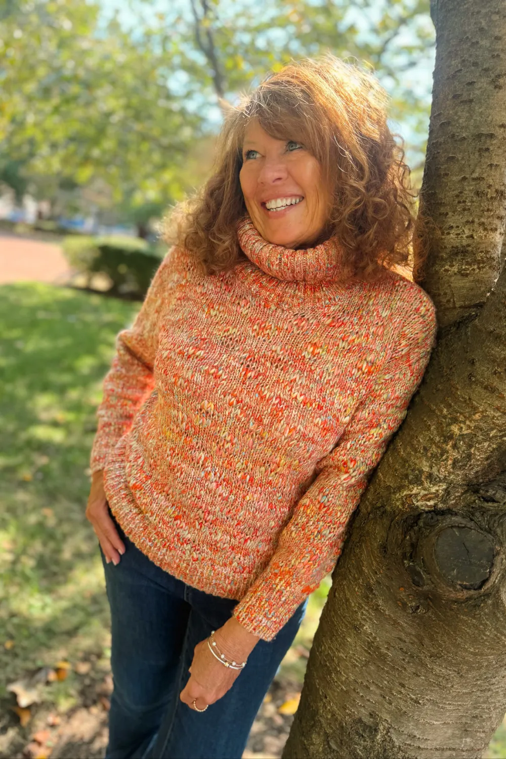 Tribal Turtleneck Sweater w/ Puff Sleeves - Apricot Mist