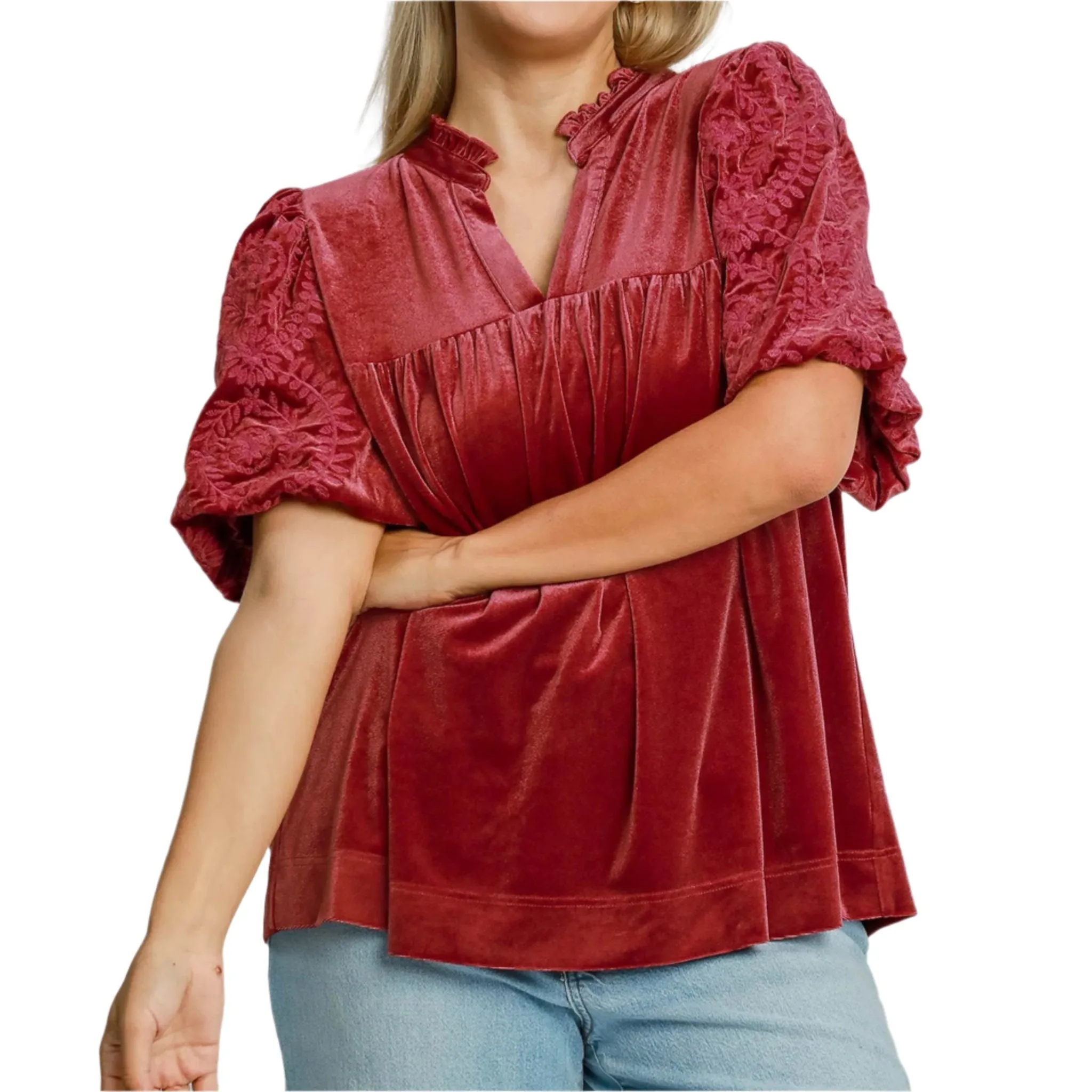 Umgee USA Women's Velvet Floral Bubble Sleeve Shirt