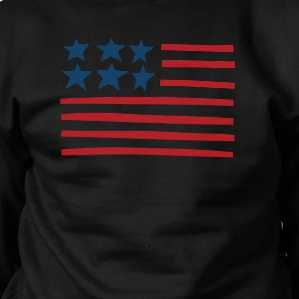 Unique USA Flag Sweatshirt Unisex Black Round Neck Pullover Fleece