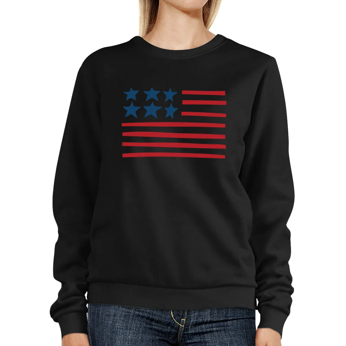 Unique USA Flag Sweatshirt Unisex Black Round Neck Pullover Fleece