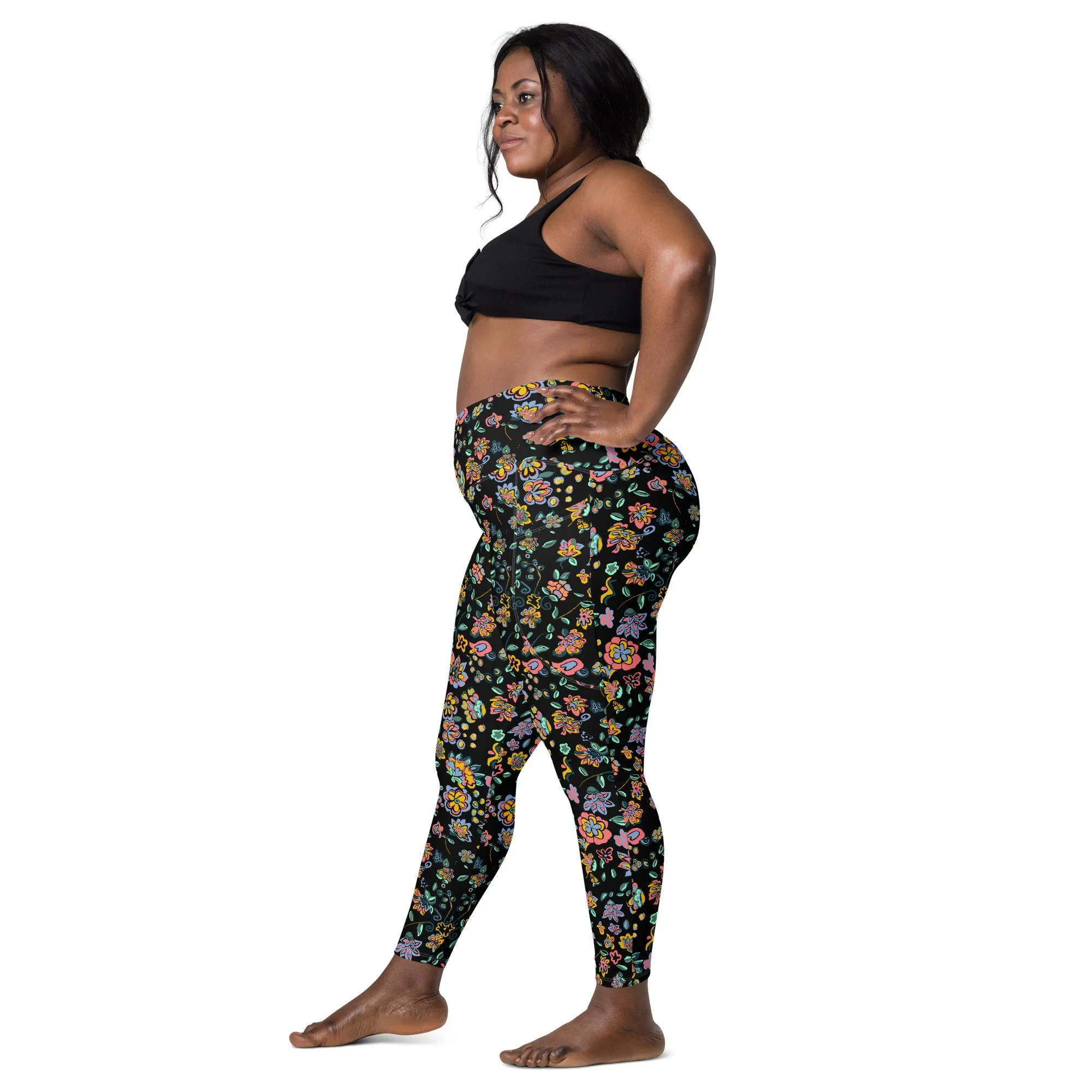 Vibrant floral on bblack Crossover leggings with pockets