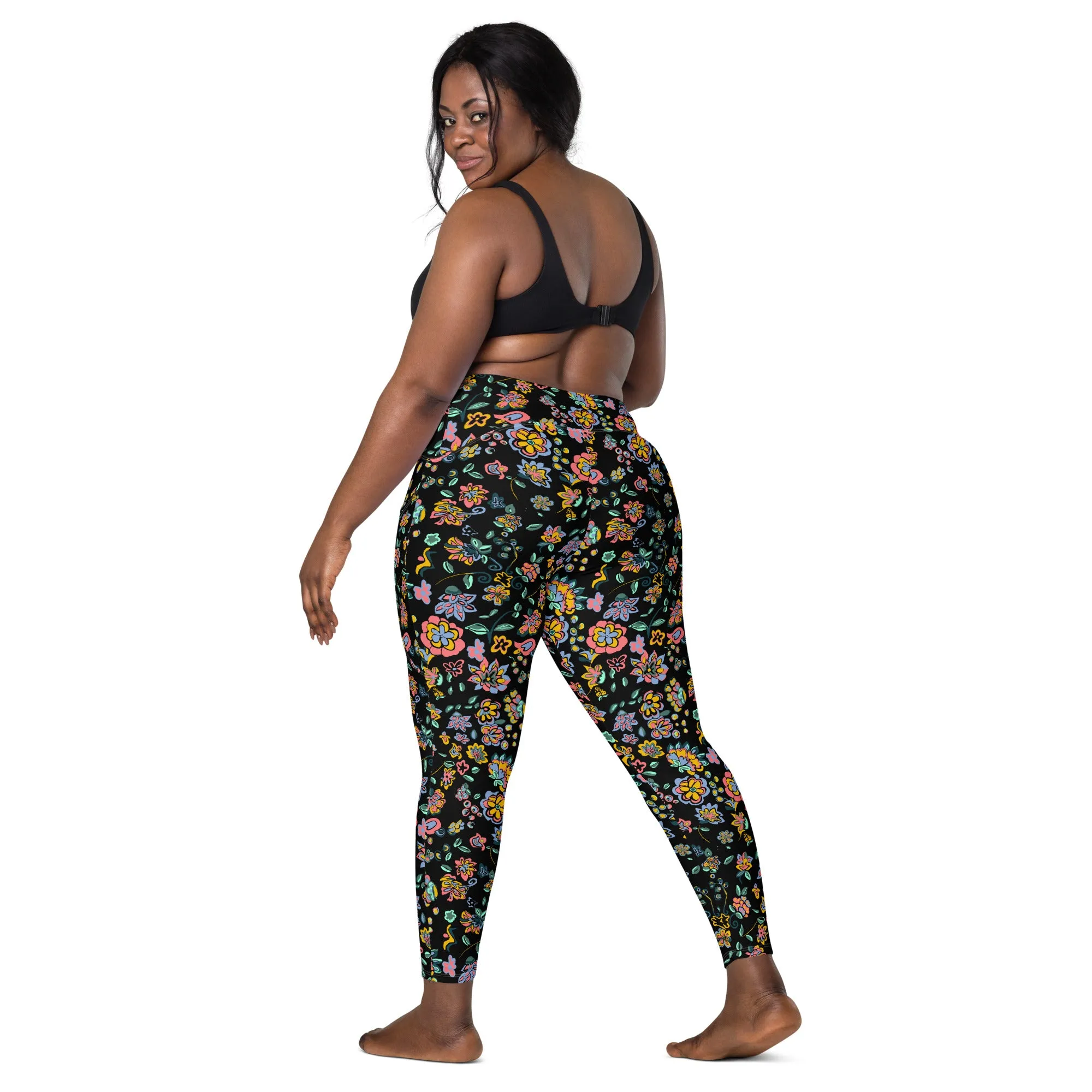 Vibrant floral on bblack Crossover leggings with pockets