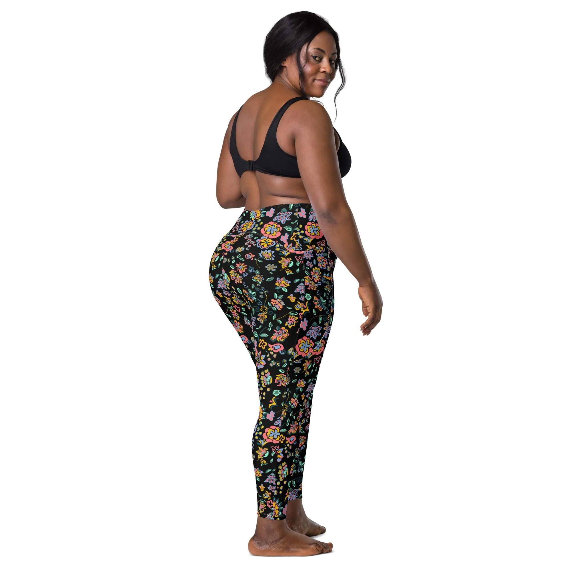 Vibrant floral on bblack Crossover leggings with pockets