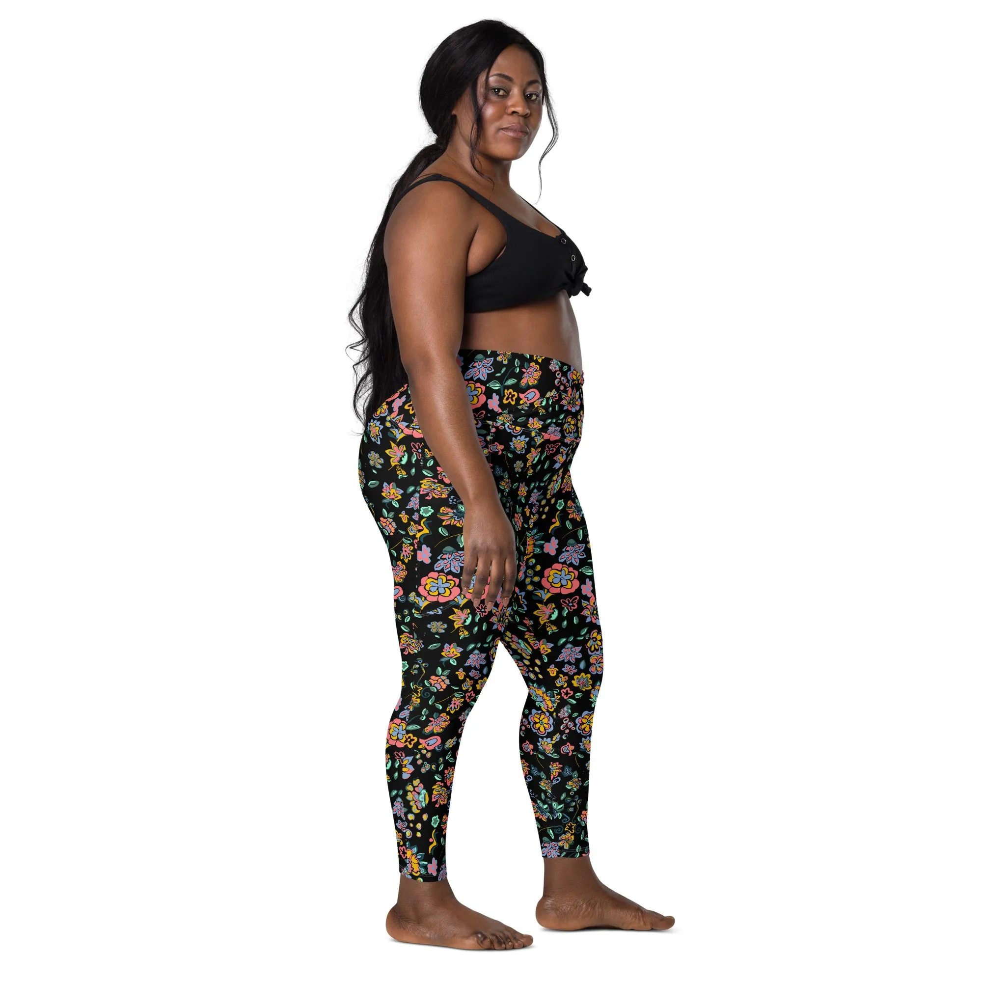 Vibrant floral on bblack Crossover leggings with pockets