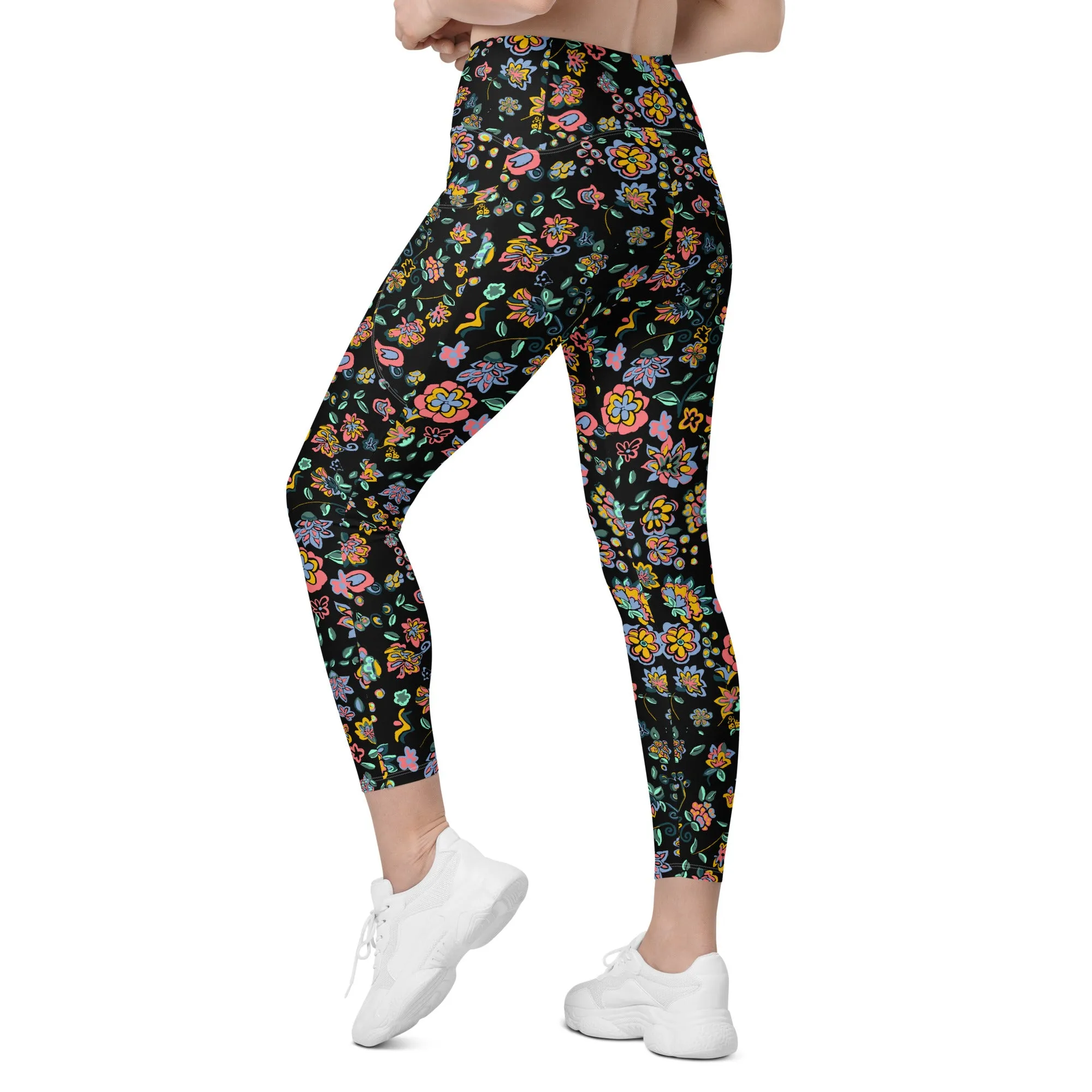 Vibrant floral on bblack Crossover leggings with pockets