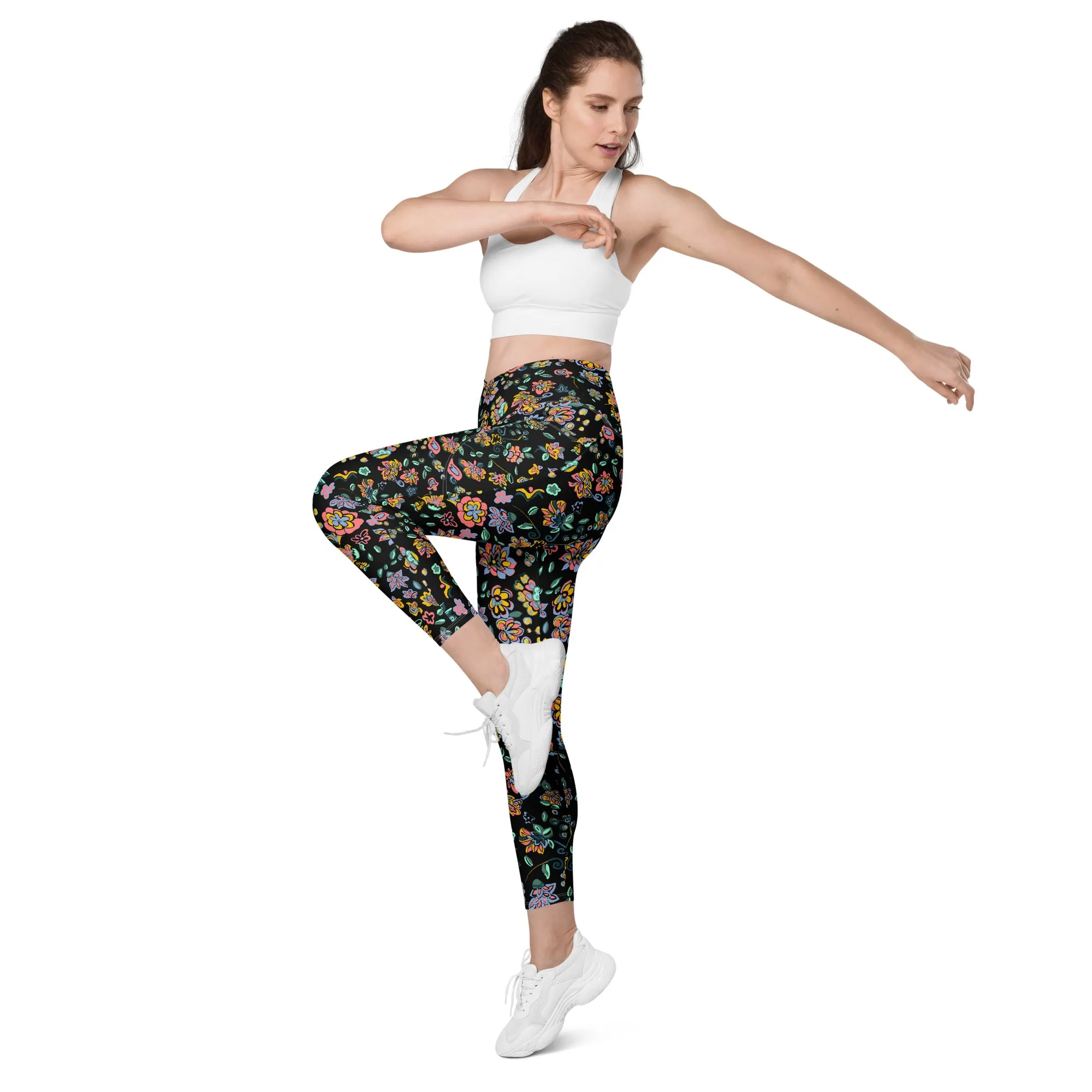 Vibrant floral on bblack Crossover leggings with pockets