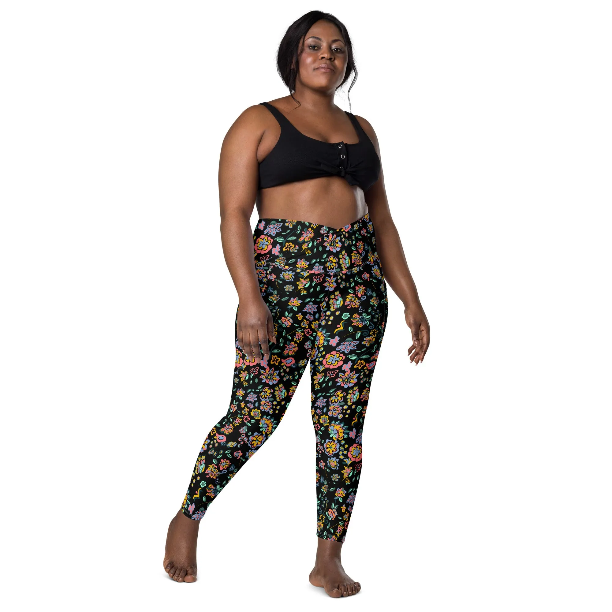 Vibrant floral on bblack Crossover leggings with pockets