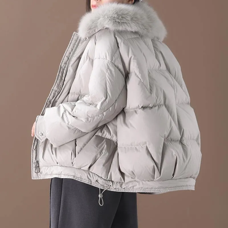 women light gray down jacket oversize down jacket fur collar drawstring Luxury coats