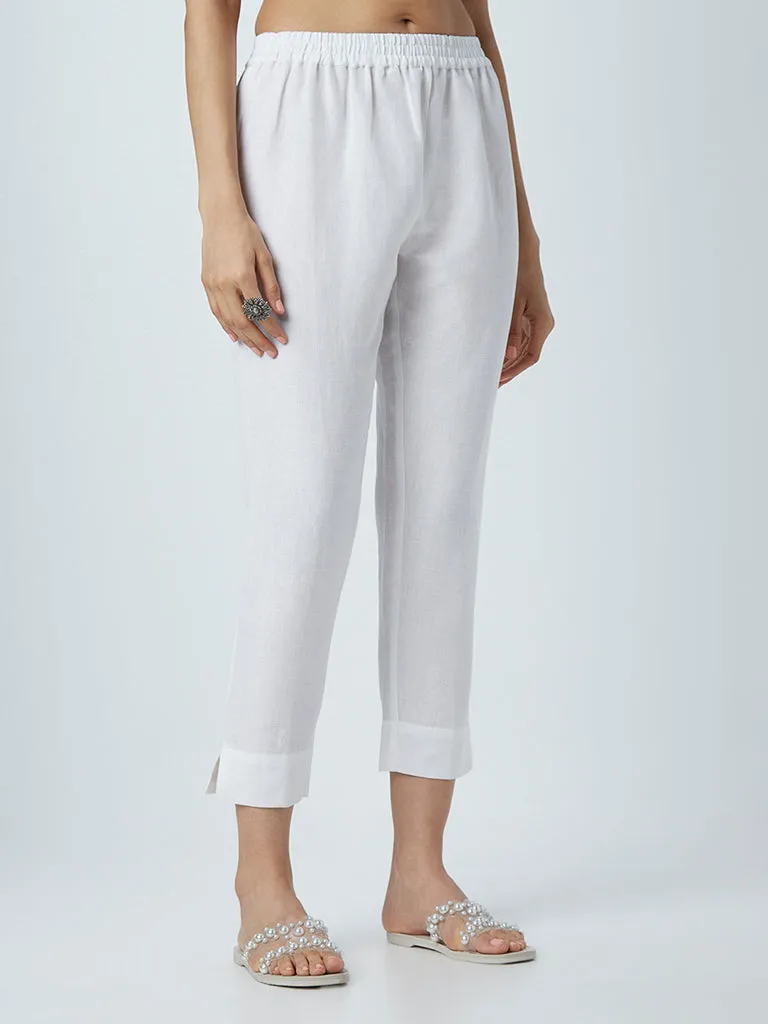 Zuba White Ethnic Blended Linen Pants